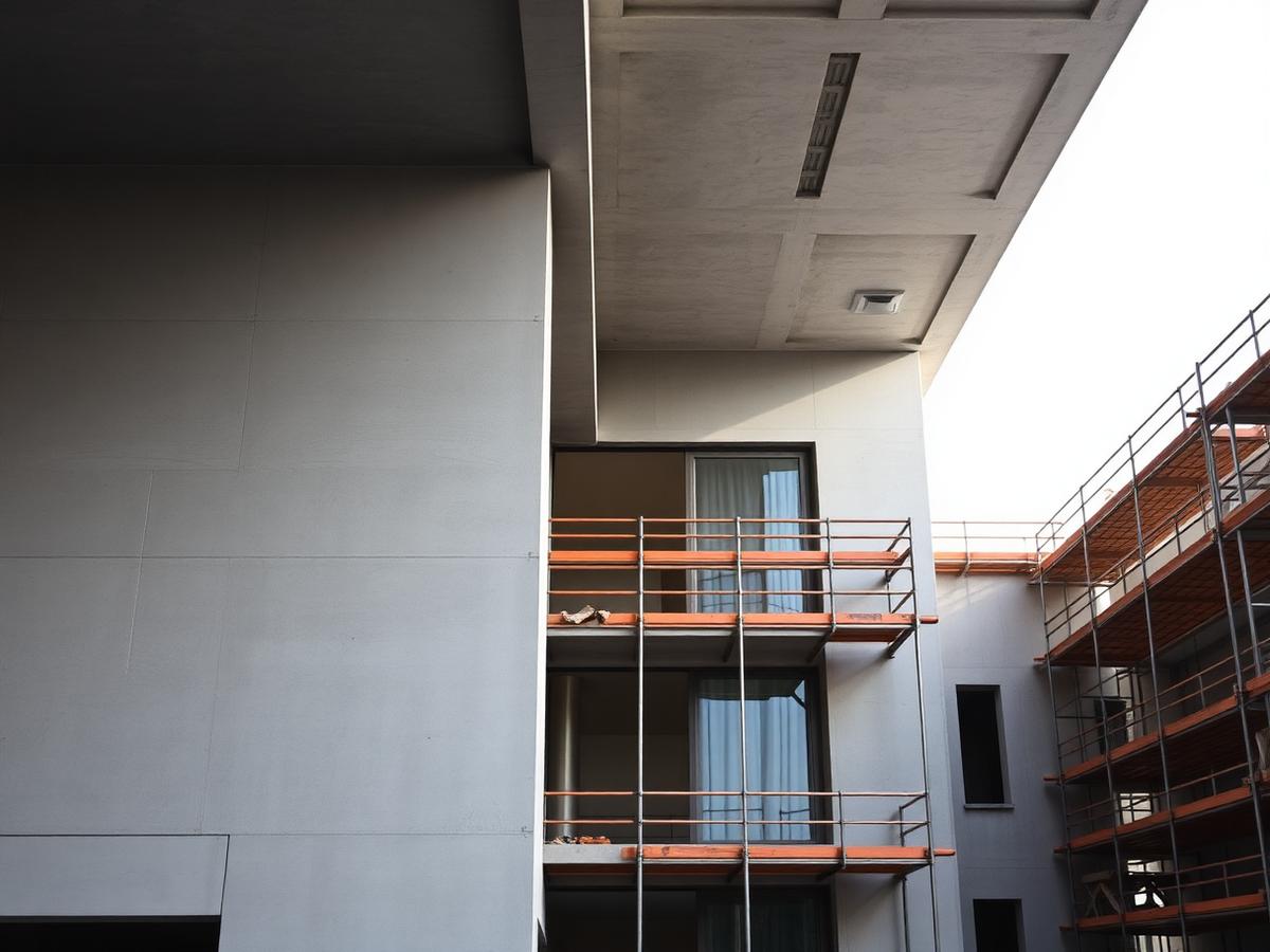 Estrutura de concreto de edificação contemporânea em obra, com andaimes